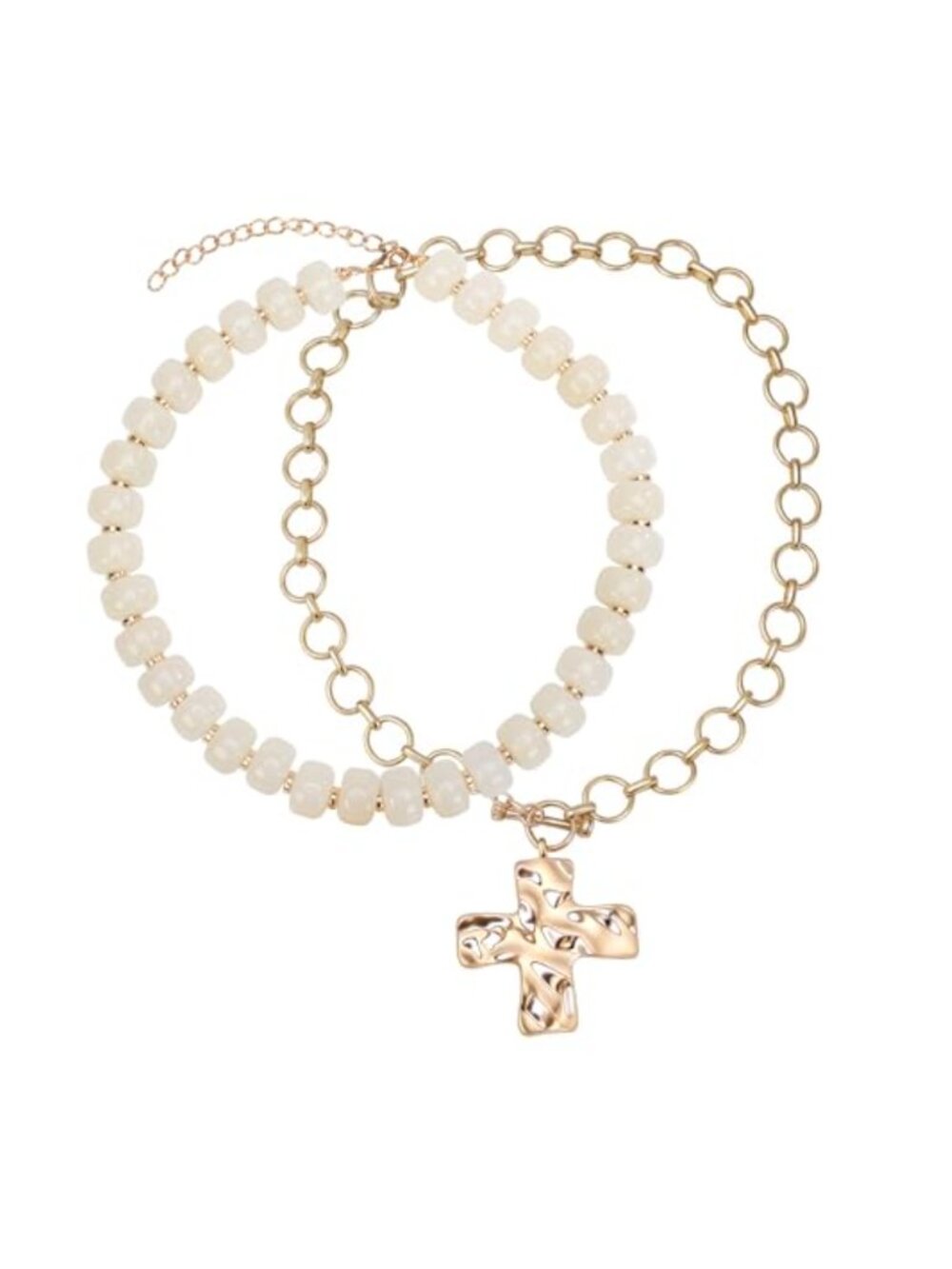 Chunky Gold Hammered Cross Star Puffy Heart Necklace Set Toggle Clasp Vintage